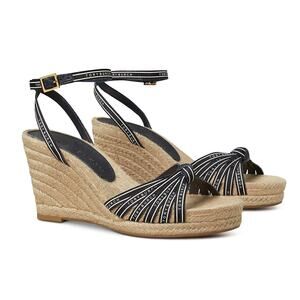 Tory Burch Womens 10 Black Ribbon Espadrille Wedge Jute Strappy Sandal NEW